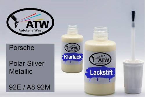 Porsche, Polar Silver Metallic, 92E / A8 92M: 20ml Lackstift + 20ml Klarlack - Set, von ATW Autoteile West.